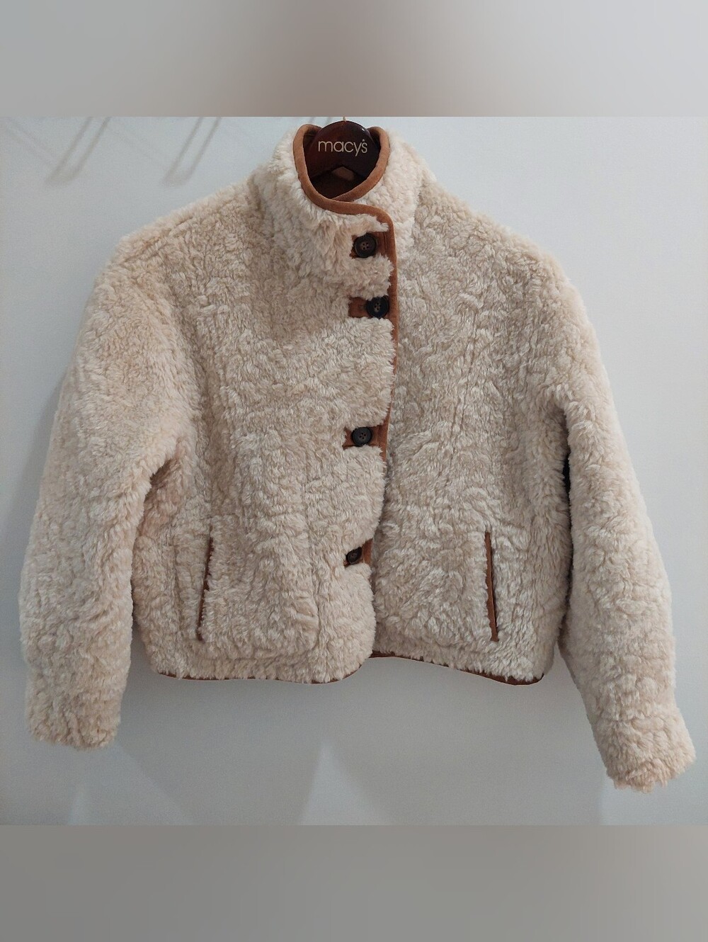 Zara Small Double Faced Cream Teddy Faux Shearling Jacket with Tan Trim - Picture 5 of 16